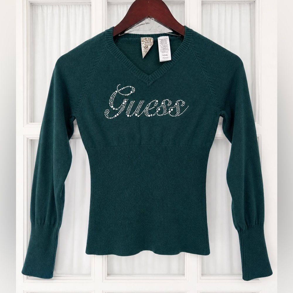 Guess Y2K Rhinestone Logo Sweater Girls Size Large 14 Green Fitted Top NWOT